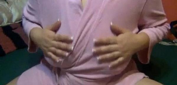  Lactating Mom Pink Bathrobe Sucks On Her Huge Milky Tits